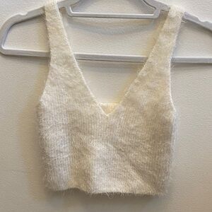 Elegant Fuzzy Knit Crop Top in White